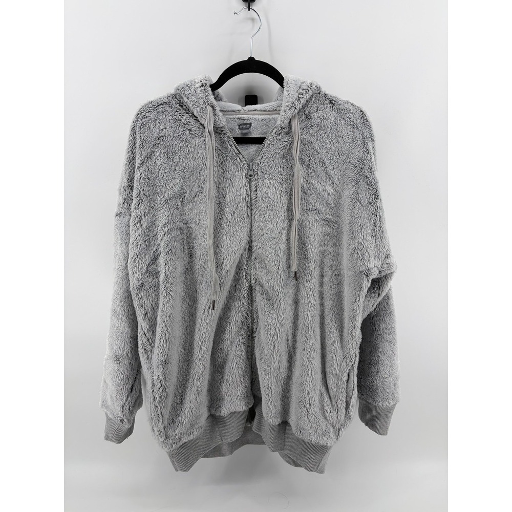 Aerie Grey Faux Fur Full Zip Hoodie Jacket Oversized Plush Teddy,  Women Medium